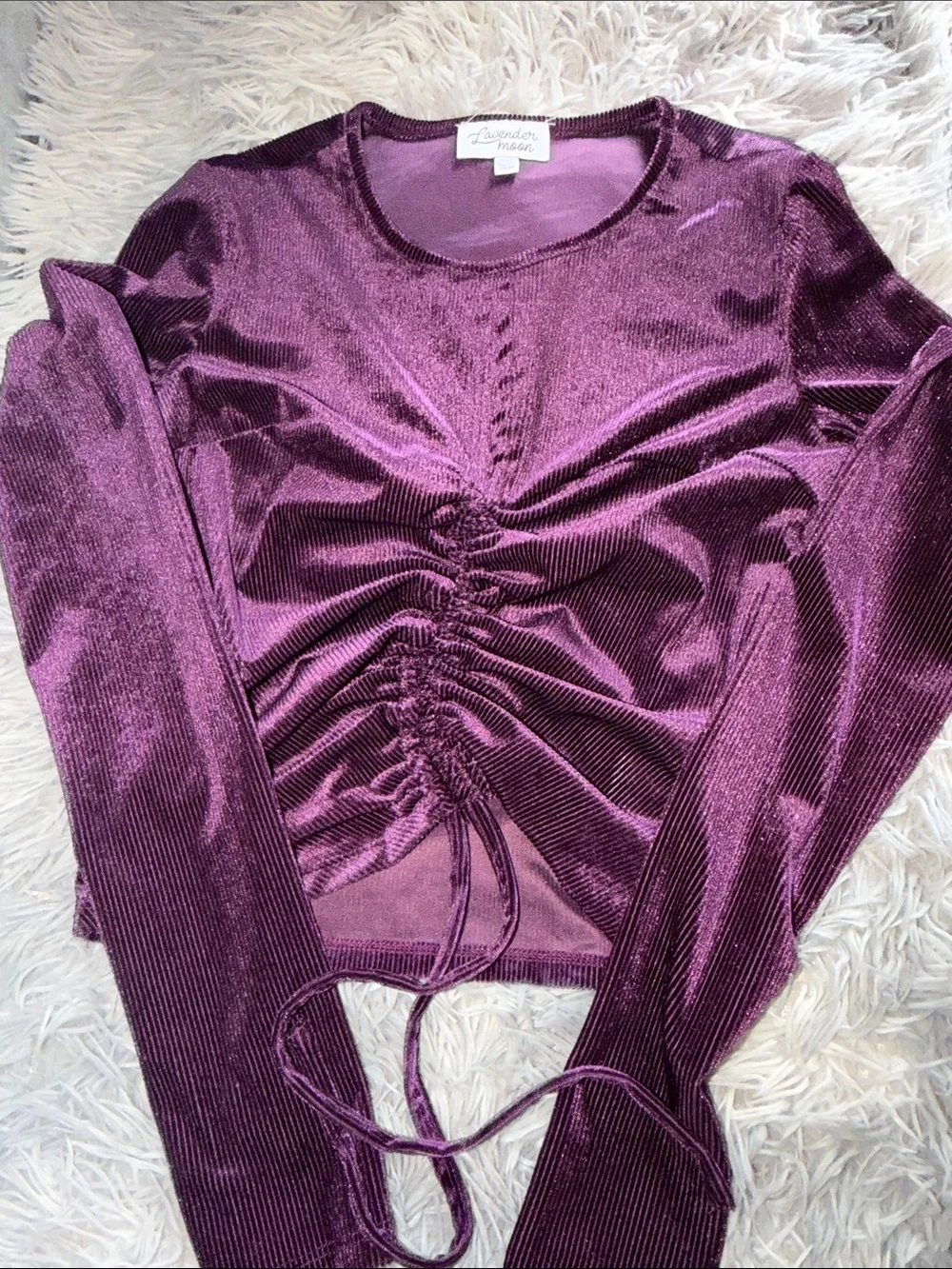 Lavender Moon Deep Purple Ruched Velvet Long-Sleeve Top
